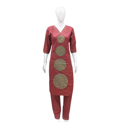 Women's Cotton Blended Printed 3/4th Sleeve V Neck Kurti With Pant Set (Brown)