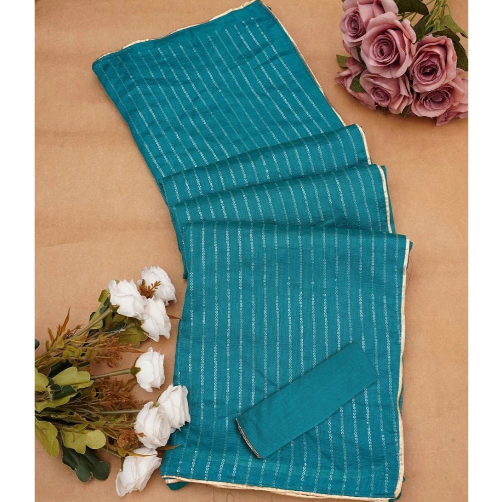 Women's Vichitra Silk Striped Saree With Unstitched Blouse 5.5Mtr (Sky Blue)