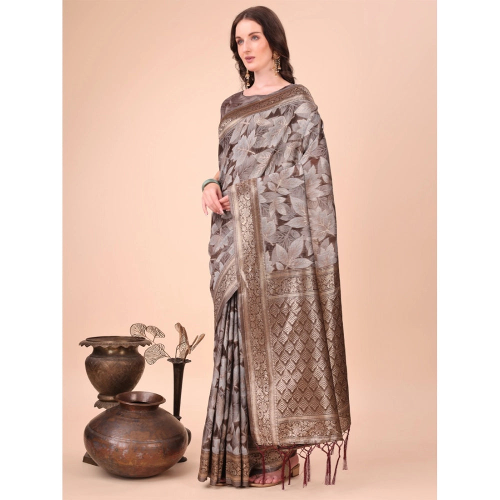Women's Cotton Printed Saree With Unstitched Blouse 5.5Mtr (Brown)