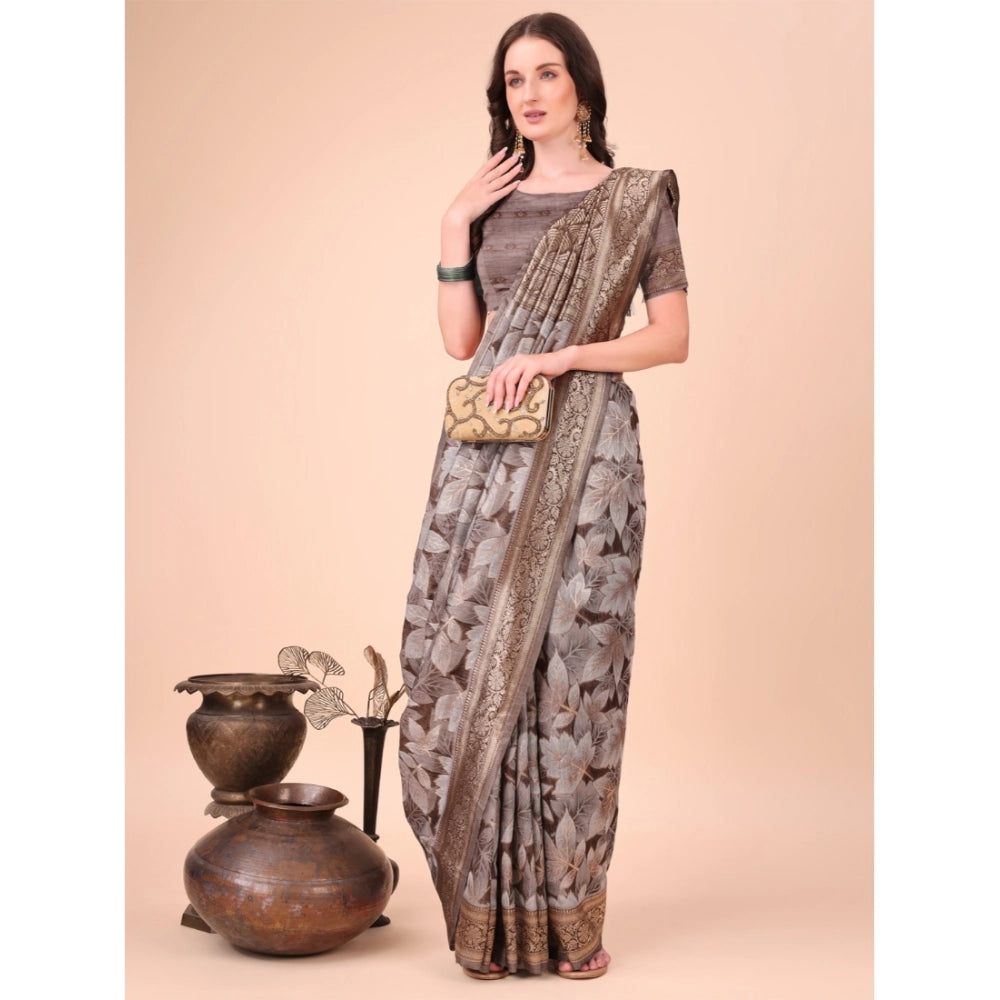 Women's Cotton Printed Saree With Unstitched Blouse 5.5Mtr (Brown)