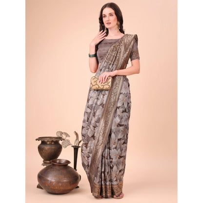 Women's Cotton Printed Saree With Unstitched Blouse 5.5Mtr (Brown)