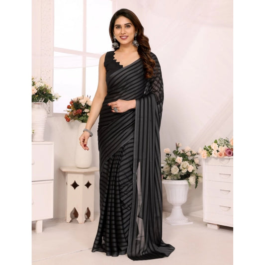 Women's  Black Berry Striped Ready-to-Wear Saree With Unstitched Blouse 5.5 Mtr (Grey-Black)