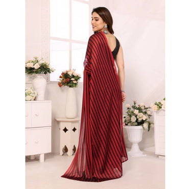 Women's  Black Berry Striped Ready-to-Wear Saree With Unstitched Blouse 5.5 Mtr (Red-Black)