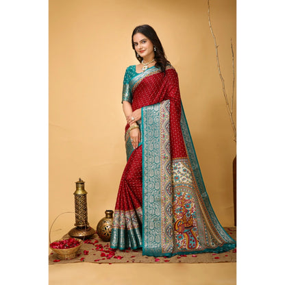 Women's Soft Dola Cotton Kalamkari Printed Saree With Unstitched Blouse 5.5Mtr (Red)