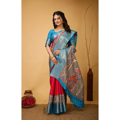 Women's Soft Dola Cotton Kalamkari Printed Saree With Unstitched Blouse 5.5Mtr (Pink)