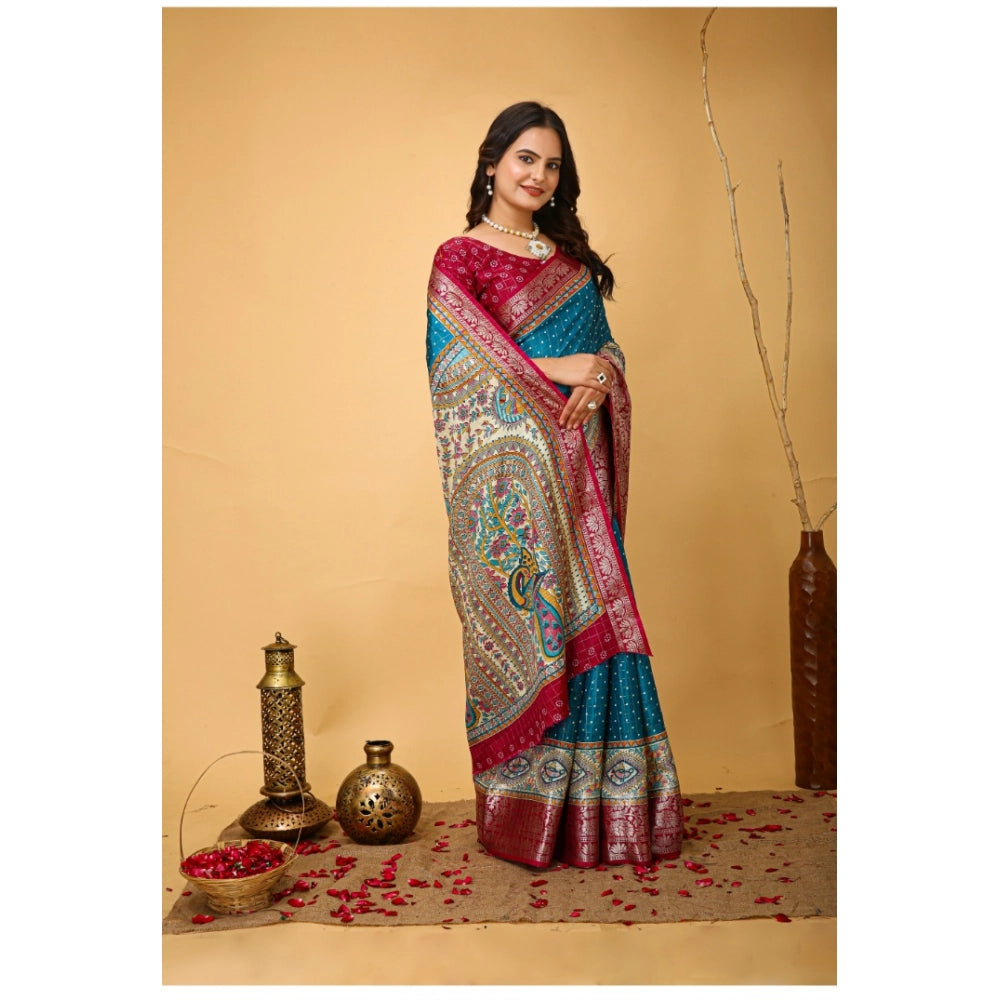 Women's Soft Dola Cotton Kalamkari Printed Saree With Unstitched Blouse 5.5Mtr (Sky Blue)