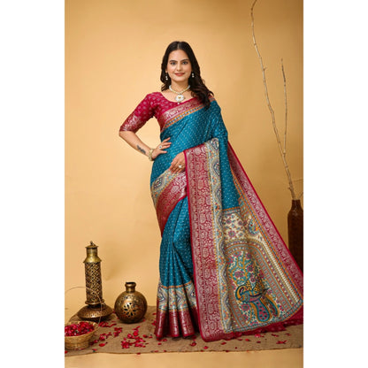 Women's Soft Dola Cotton Kalamkari Printed Saree With Unstitched Blouse 5.5Mtr (Sky Blue)