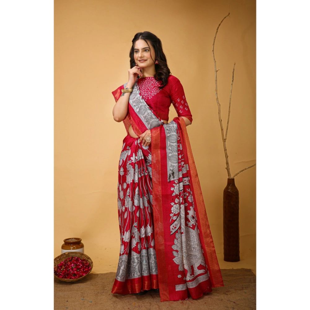 Women's Soft Handloom Cotton Kalamkari Printed Saree With Unstitched Blouse 5.5Mtr (Pink)