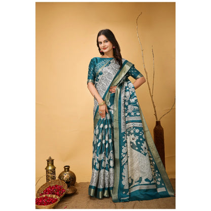 Women's Soft Handloom Cotton Kalamkari Printed Saree With Unstitched Blouse 5.5Mtr (Turquoise)