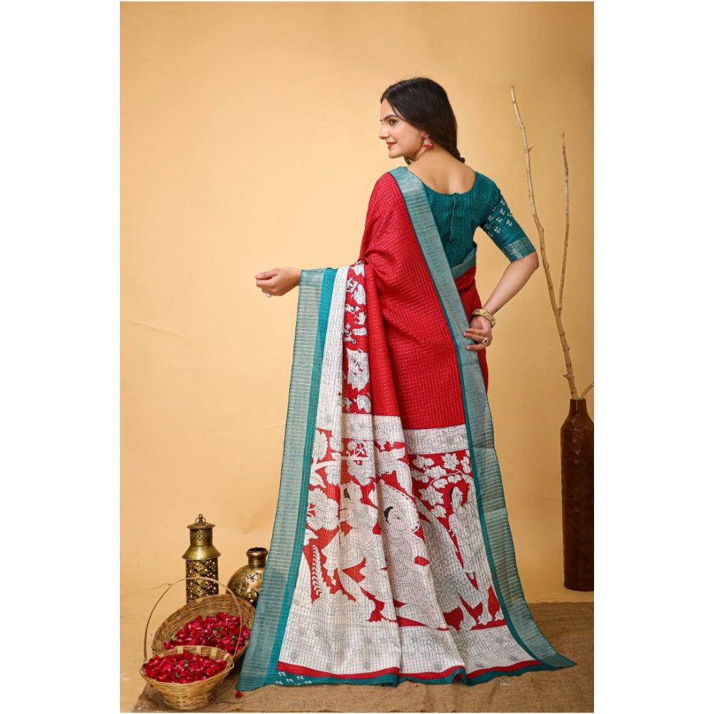 Women's Soft Handloom Cotton Kalamkari Printed Saree With Unstitched Blouse 5.5Mtr (Red)