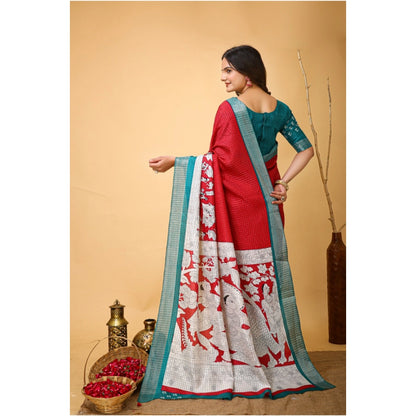 Women's Soft Handloom Cotton Kalamkari Printed Saree With Unstitched Blouse 5.5Mtr (Red)