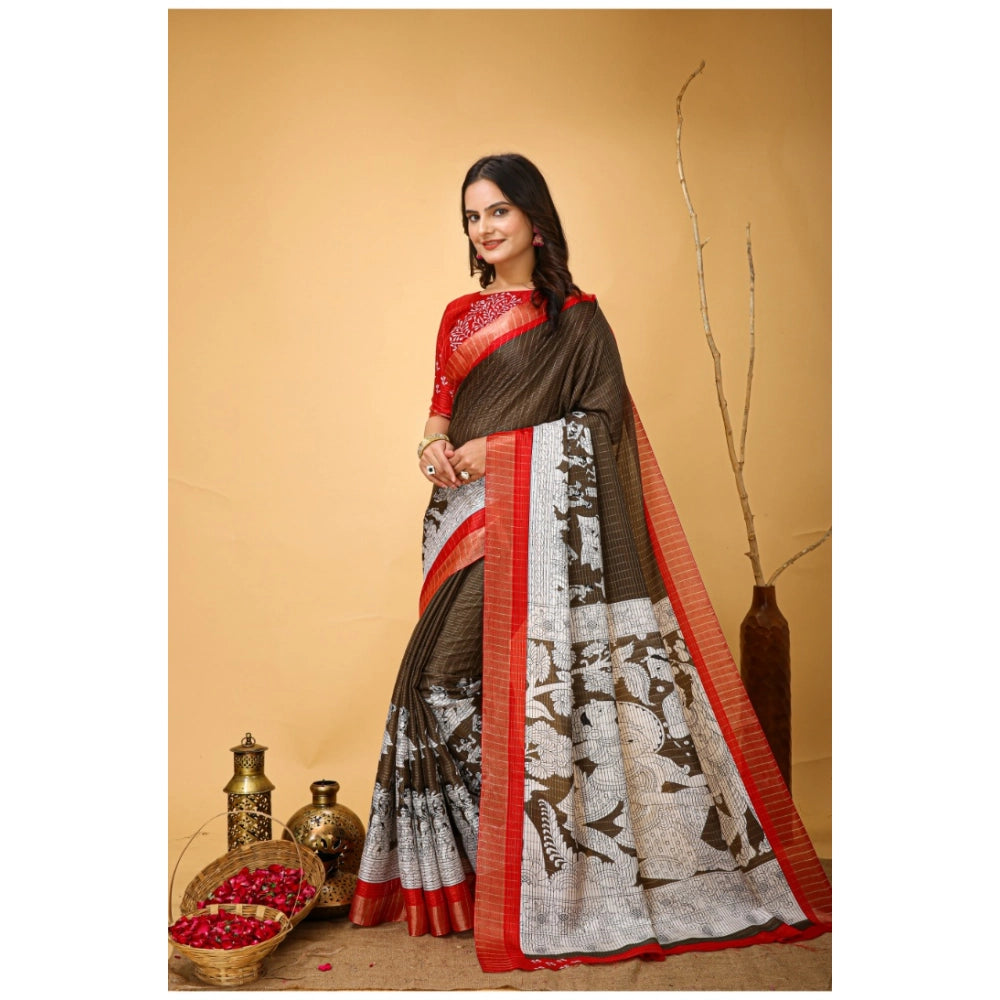 Women's Soft Handloom Cotton Kalamkari Printed Saree With Unstitched Blouse 5.5Mtr (Brown)
