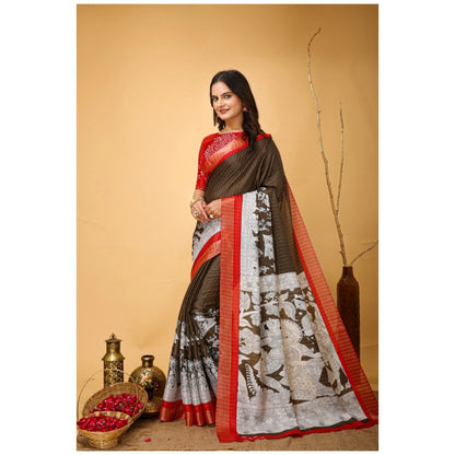 Women's Soft Handloom Cotton Kalamkari Printed Saree With Unstitched Blouse 5.5Mtr (Brown)