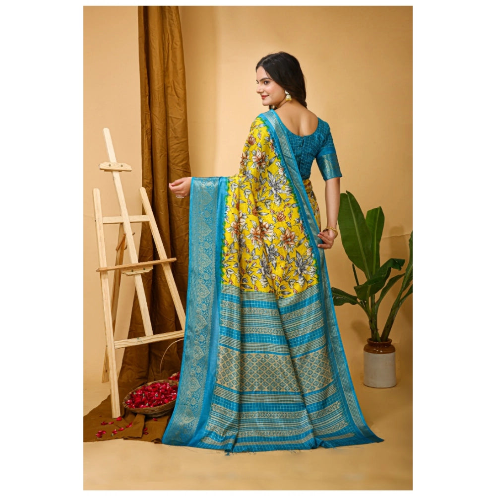 Women's Soft Dola Cotton Kalamkari Printed Saree With Unstitched Blouse 5.5Mtr (Yellow)