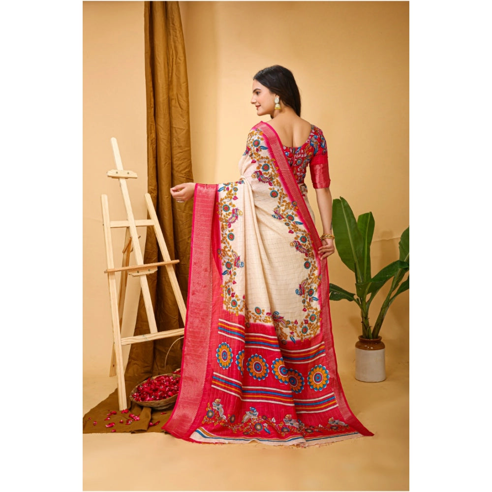 Women's Soft Dola Cotton Kalamkari Printed Saree With Unstitched Blouse 5.5Mtr (Red)