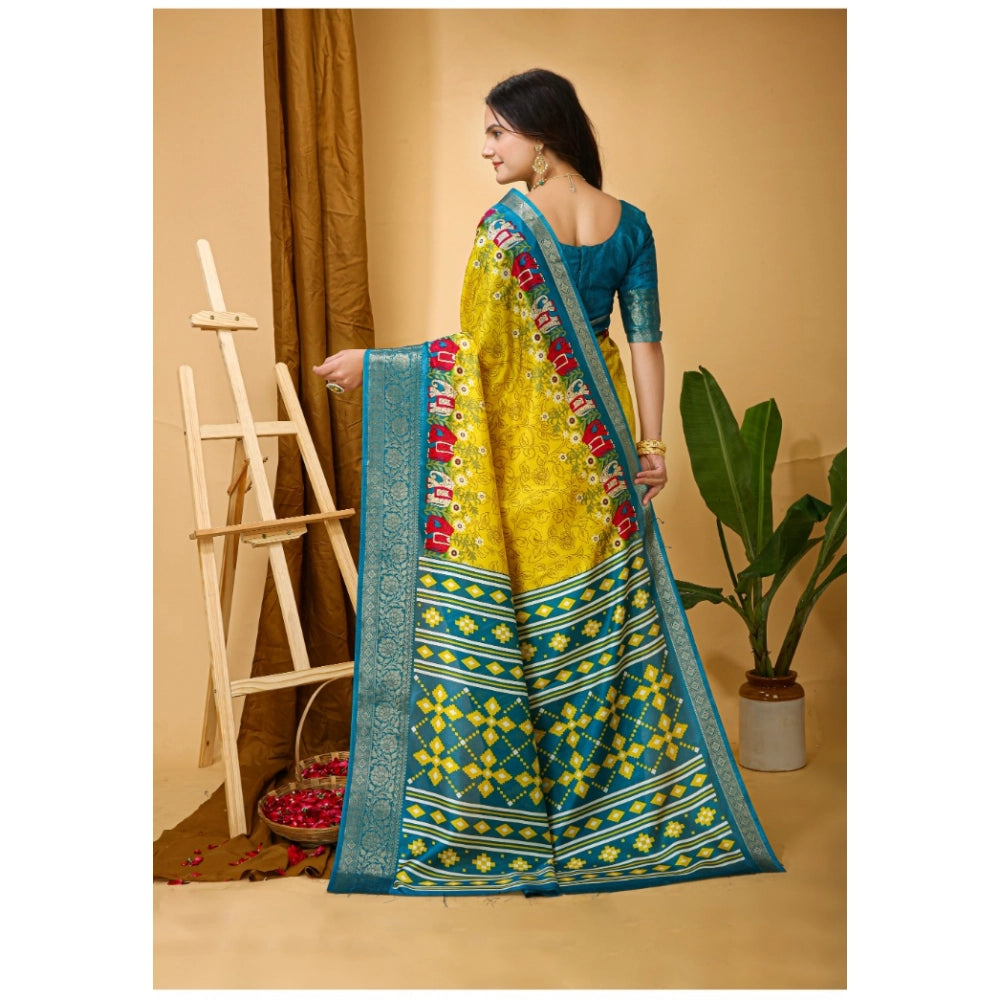 Women's Soft Dola Cotton Kalamkari Printed Saree With Unstitched Blouse 5.5Mtr (Yellow)
