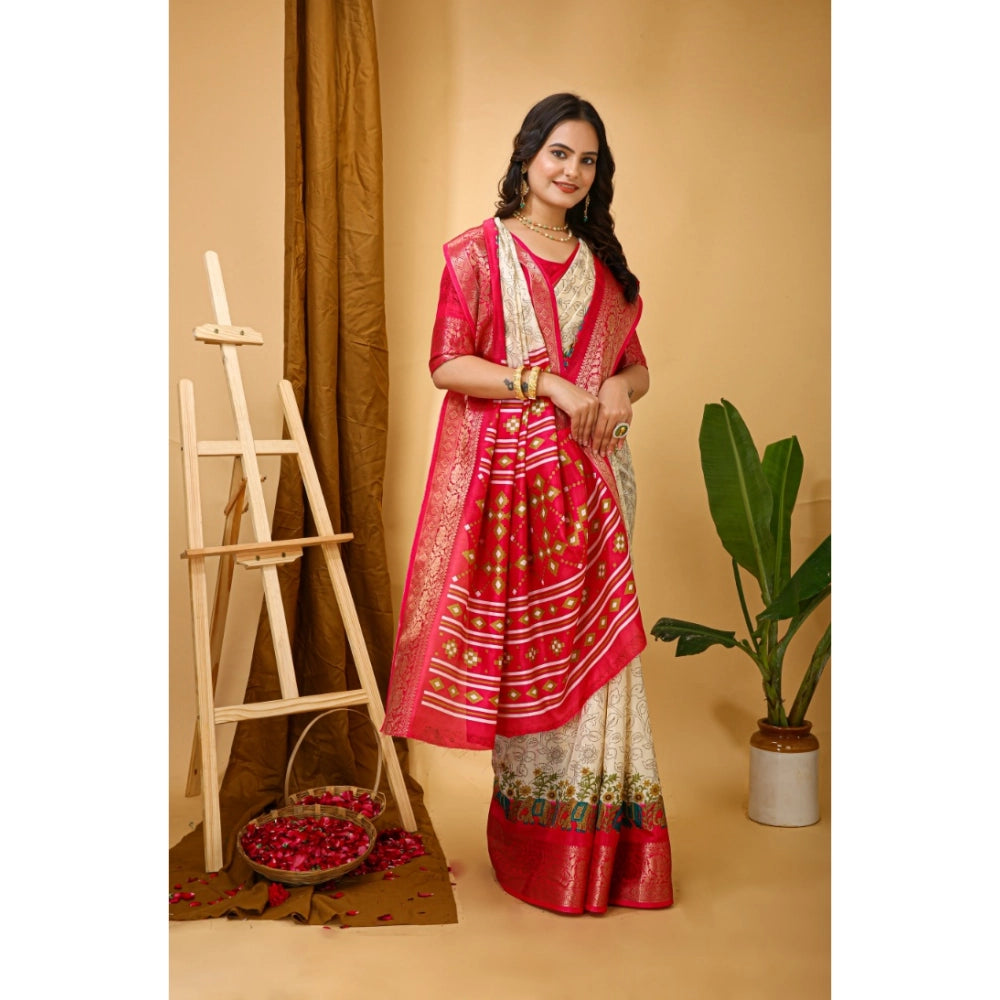 Women's Soft Dola Cotton Kalamkari Printed Saree With Unstitched Blouse 5.5Mtr (White)