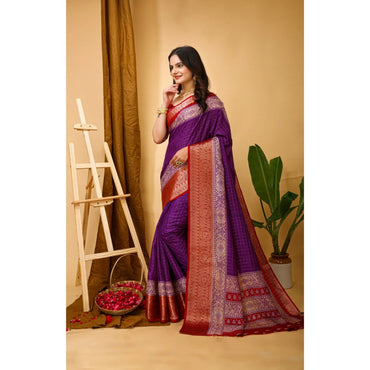 Women's Soft Dola Cotton Kalamkari Printed Saree With Unstitched Blouse 5.5Mtr (Purple)