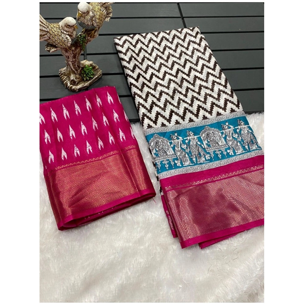 Women's Soft Dola Cotton Kalamkari Printed Saree With Unstitched Blouse 5.5Mtr (Pink)