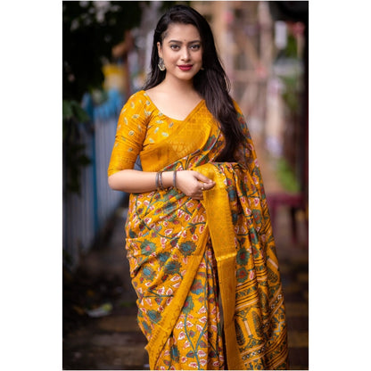 Women's Soft Dola Cotton Kalamkari Printed Saree With Unstitched Blouse 5.5Mtr (Yellow)