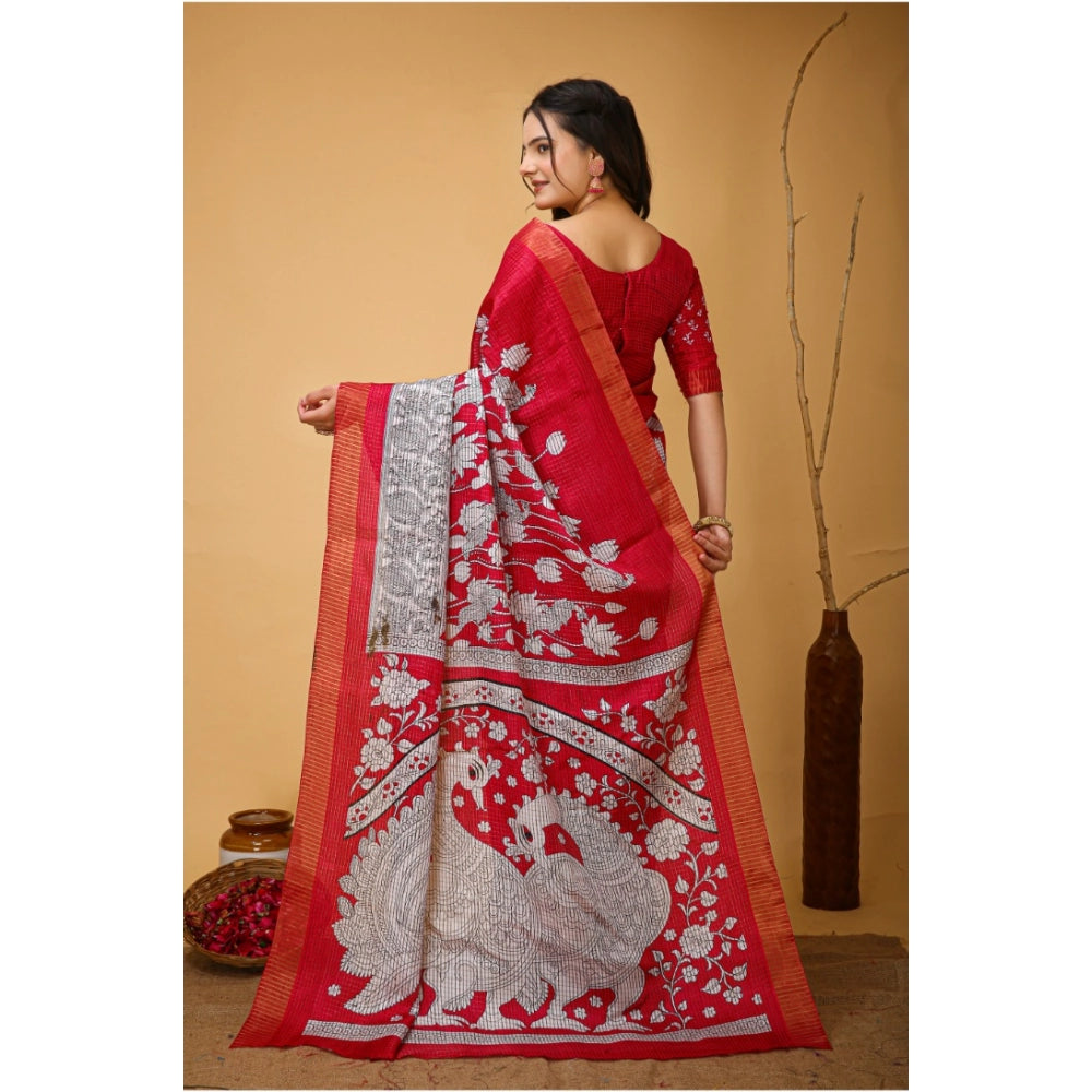 Women's Soft Handloom Cotton Kalamkari Printed Saree With Unstitched Blouse 5.5Mtr (Pink)