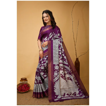 Women's Soft Handloom Cotton Kalamkari Printed Saree With Unstitched Blouse 5.5Mtr (Purple)