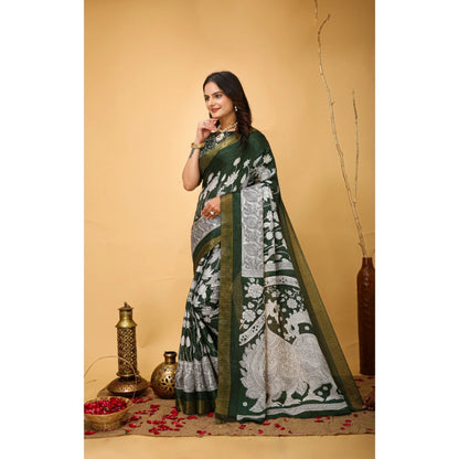Women's Soft Handloom Cotton Kalamkari Printed Saree With Unstitched Blouse 5.5Mtr (Green)