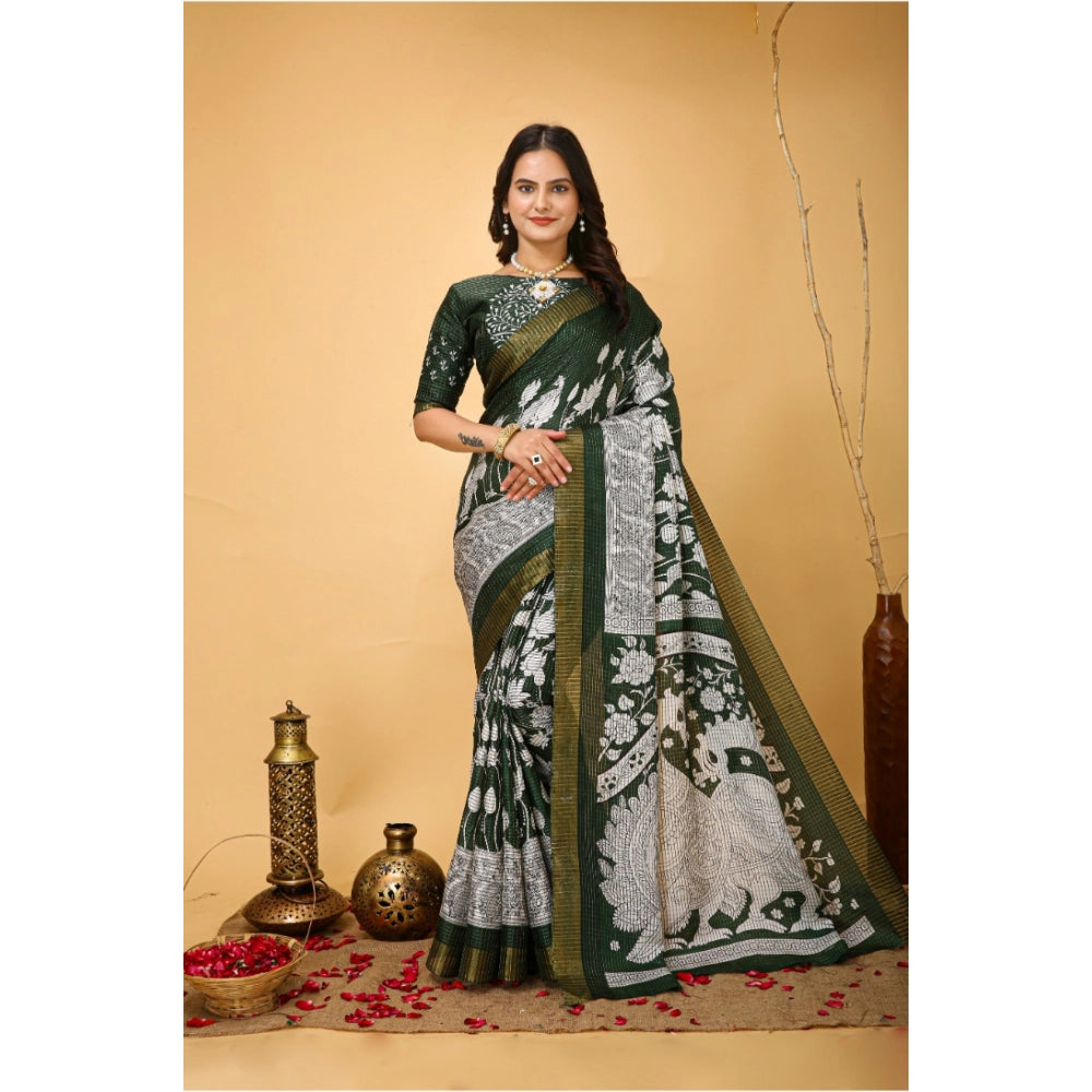 Women's Soft Handloom Cotton Kalamkari Printed Saree With Unstitched Blouse 5.5Mtr (Green)