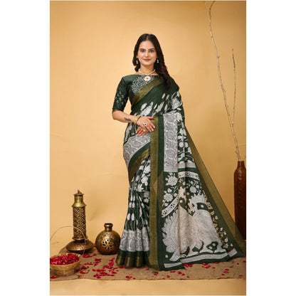 Women's Soft Handloom Cotton Kalamkari Printed Saree With Unstitched Blouse 5.5Mtr (Green)