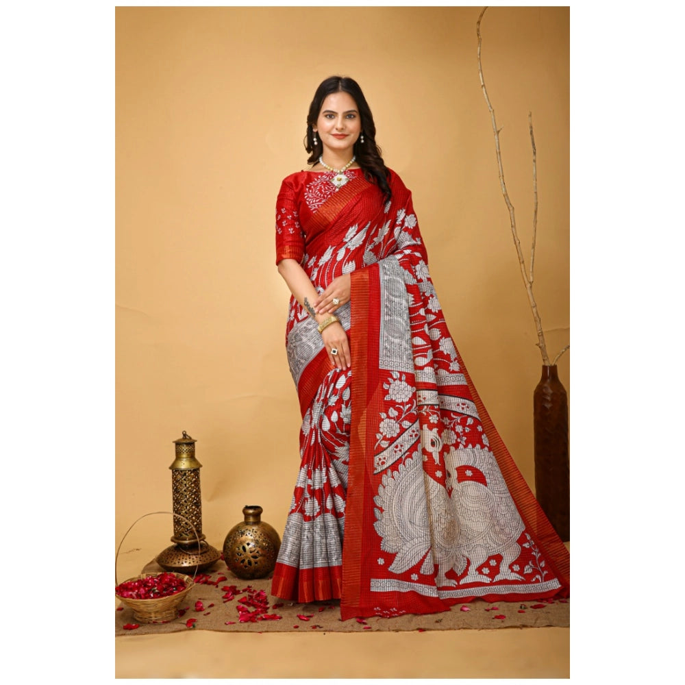 Women's Soft Handloom Cotton Kalamkari Printed Saree With Unstitched Blouse 5.5Mtr (Red)