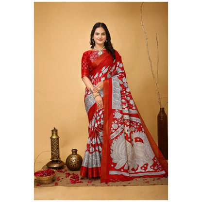 Women's Soft Handloom Cotton Kalamkari Printed Saree With Unstitched Blouse 5.5Mtr (Red)