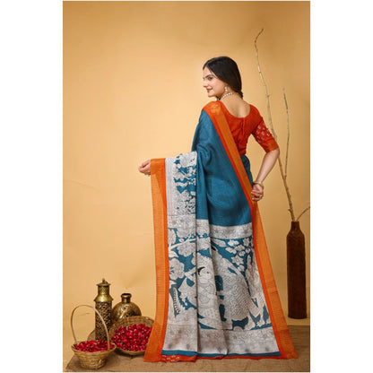 Women's Soft Handloom Cotton Kalamkari Printed Saree With Unstitched Blouse 5.5Mtr (Teal Blue)