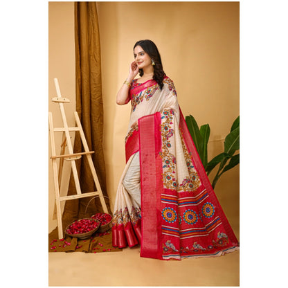 Women's Soft Dola Cotton Kalamkari Printed Saree With Unstitched Blouse 5.5Mtr (Red)