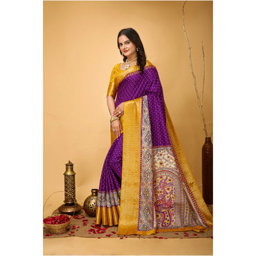 Women's Soft Dola Cotton Kalamkari Printed Saree With Unstitched Blouse 5.5Mtr (Purple)