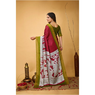 Women's Soft Handloom Cotton Kalamkari Printed Saree With Unstitched Blouse 5.5Mtr (Maroon)