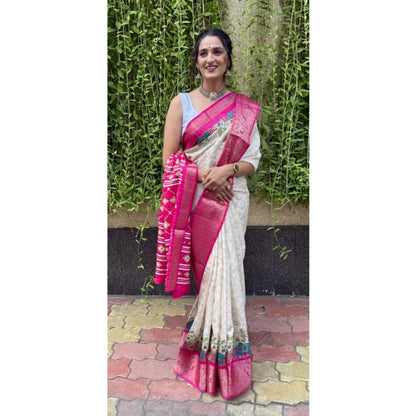 Women's Soft Dola Cotton Kalamkari Printed Saree With Unstitched Blouse 5.5Mtr (White)