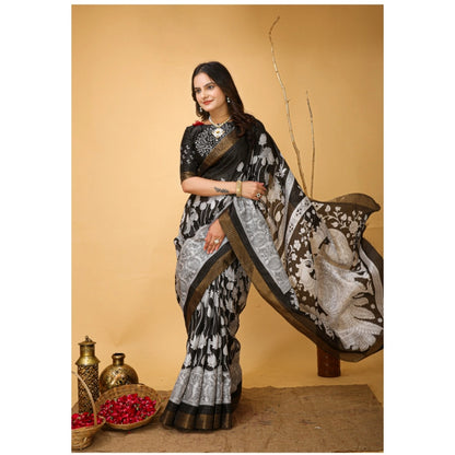 Women's Soft Handloom Cotton Kalamkari Printed Saree With Unstitched Blouse 5.5Mtr (Black)