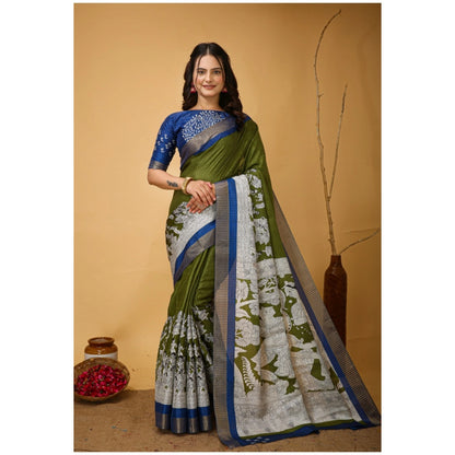 Women's Soft Handloom Cotton Kalamkari Printed Saree With Unstitched Blouse 5.5Mtr (Mehendi)