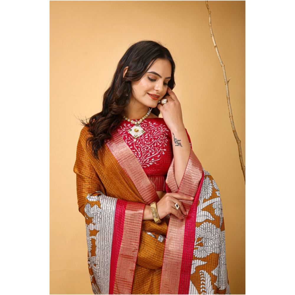 Women's Soft Handloom Cotton Kalamkari Printed Saree With Unstitched Blouse 5.5Mtr (Mustard)