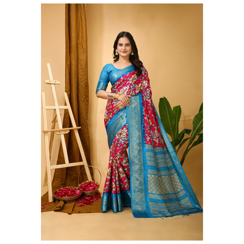 Women's Soft Dola Cotton Kalamkari Printed Saree With Unstitched Blouse 5.5Mtr (Pink)