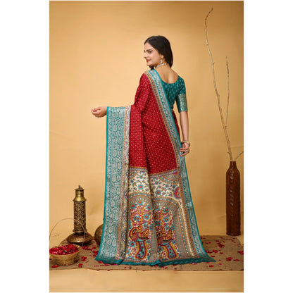 Women's Soft Dola Cotton Kalamkari Printed Saree With Unstitched Blouse 5.5Mtr (Red)