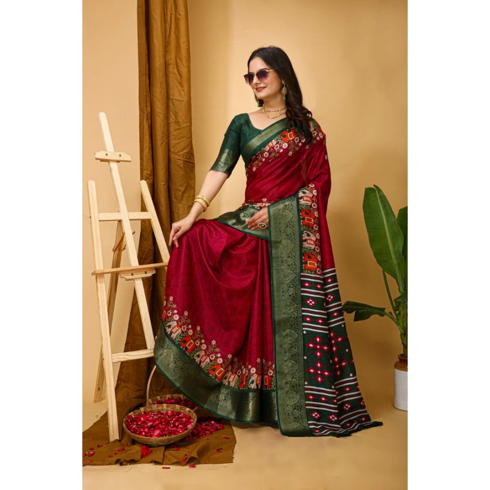 Women's Soft Dola Cotton Kalamkari Printed Saree With Unstitched Blouse 5.5Mtr (Red)