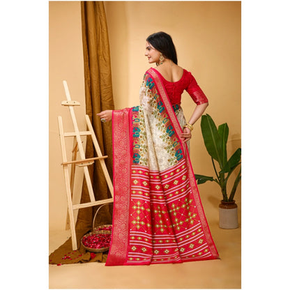 Women's Soft Dola Cotton Kalamkari Printed Saree With Unstitched Blouse 5.5Mtr (White)