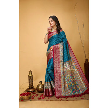 Women's Soft Dola Cotton Kalamkari Printed Saree With Unstitched Blouse 5.5Mtr (Sky Blue)
