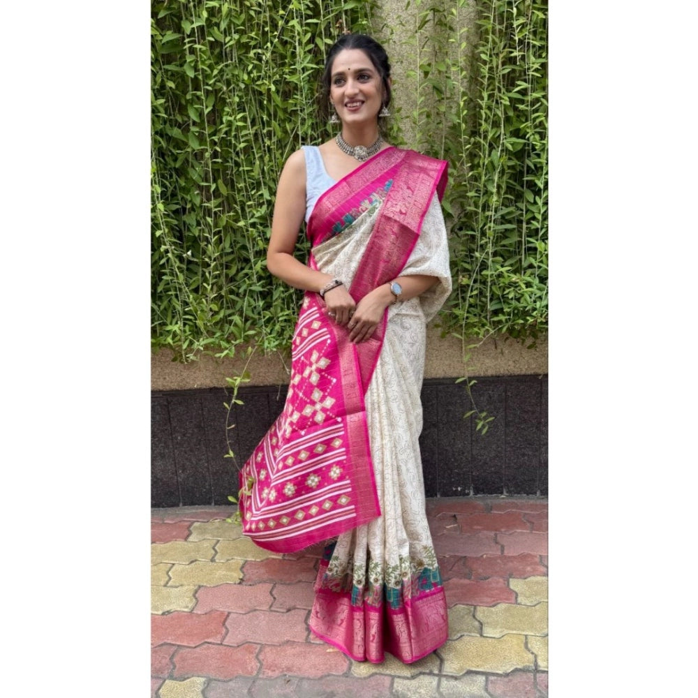 Women's Soft Dola Cotton Kalamkari Printed Saree With Unstitched Blouse 5.5Mtr (White)