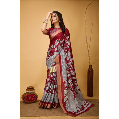 Women's Soft Handloom Cotton Kalamkari Printed Saree With Unstitched Blouse 5.5Mtr (Maroon)