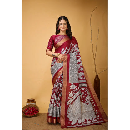 Women's Soft Handloom Cotton Kalamkari Printed Saree With Unstitched Blouse 5.5Mtr (Maroon)