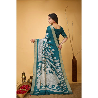 Women's Soft Handloom Cotton Kalamkari Printed Saree With Unstitched Blouse 5.5Mtr (Turquoise)