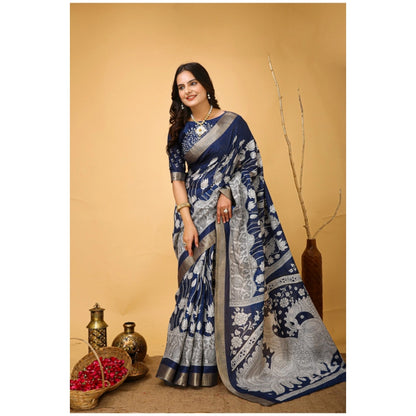 Women's Soft Handloom Cotton Kalamkari Printed Saree With Unstitched Blouse 5.5Mtr (Blue)