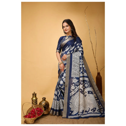Women's Soft Handloom Cotton Kalamkari Printed Saree With Unstitched Blouse 5.5Mtr (Blue)